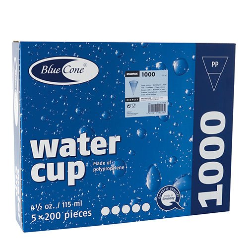 Niebiesko-białe pudełko „Blue Cone” od Starpak zawiera 1000 kubków PP (115 ml, Ø 7,03 cm, 9,5 cm), zapakowanych w 5 zestawów po 200 sztuk. Na opakowaniu znajdują się krople wody i szczegóły produktu.