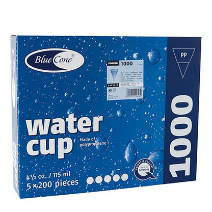 Niebiesko-białe pudełko „Blue Cone” od Starpak zawiera 1000 kubków PP (115 ml, Ø 7,03 cm, 9,5 cm), zapakowanych w 5 zestawów po 200 sztuk. Na opakowaniu znajdują się krople wody i szczegóły produktu.