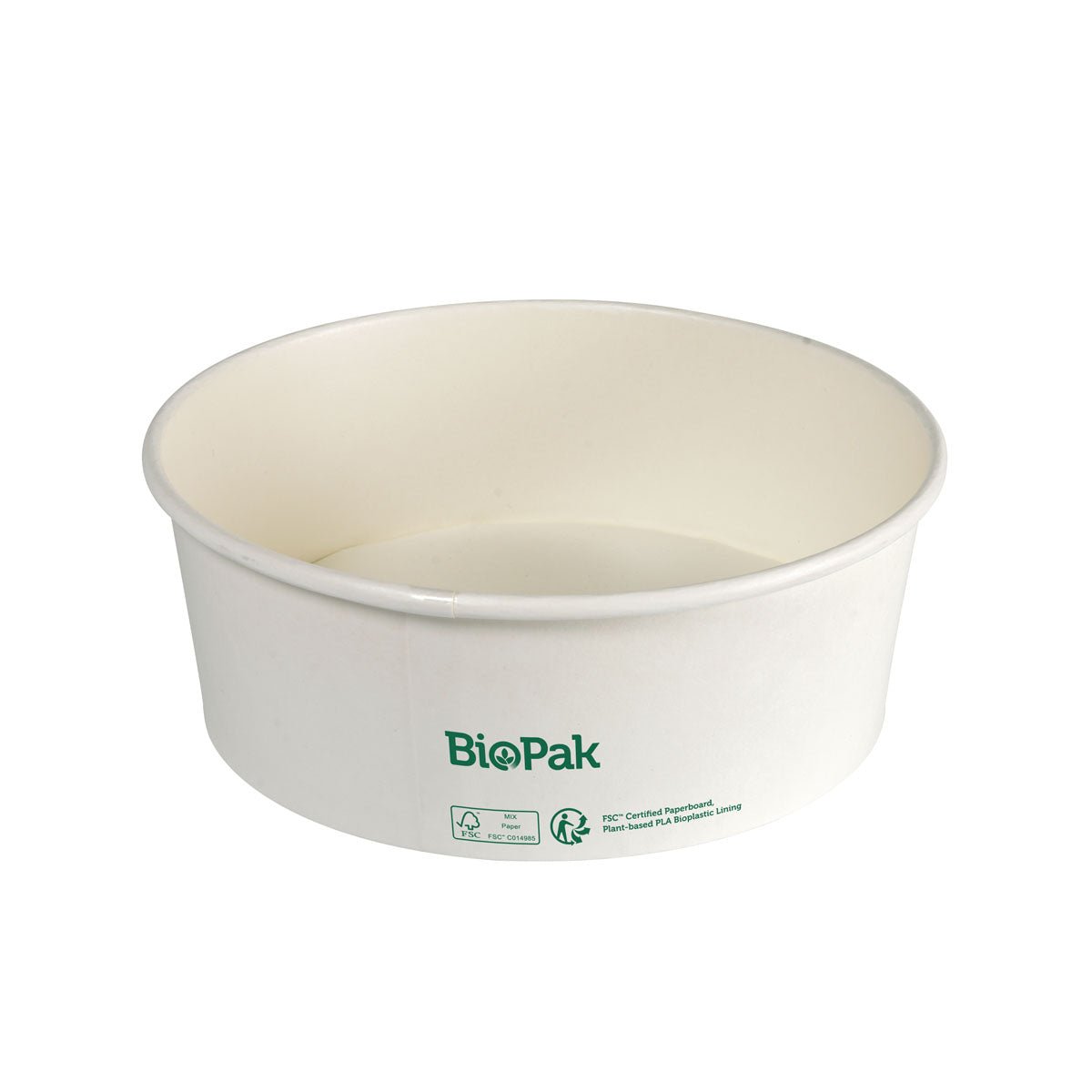 Biała, okrągła miska Ronda WIDE+ (1300 ml) z kartonu z certyfikatem FSC z powłoką PLA od Duni GmbH stoi pusta na neutralnym tle. Miska przedstawia zielone logo BioPak i jest oferowana w opakowaniach po 25 sztuk.