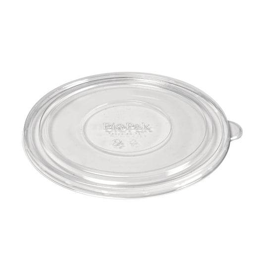 Der Deckel Karton Ronda WIDE+ rPET Transparent 900/1300 ml von Duni GmbH ist ein klarer, runder rPET-Deckel mit kleiner Lasche und "BioPak"-Prägung, der für Einweg-Lebensmittelverpackungen konzipiert ist. Abmessungen: 200x190x10 mm. Packung mit 50 Stück.