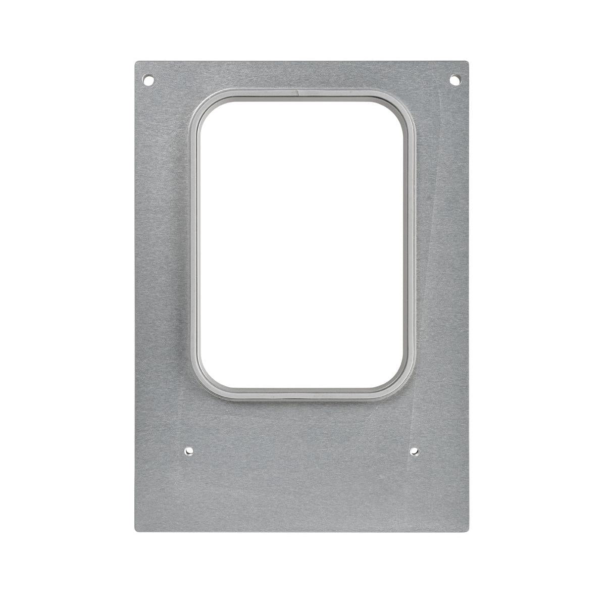 Prostokątna metalowa płyta z centralnym, zaokrąglonym prostokątnym wycięciem i czterema otworami na śruby w rogach, przypominająca części kasety Duni GmbH DF10/20 do miski Forum 785 ml (opakowanie, 1 sztuka), sfotografowana na białym tle.