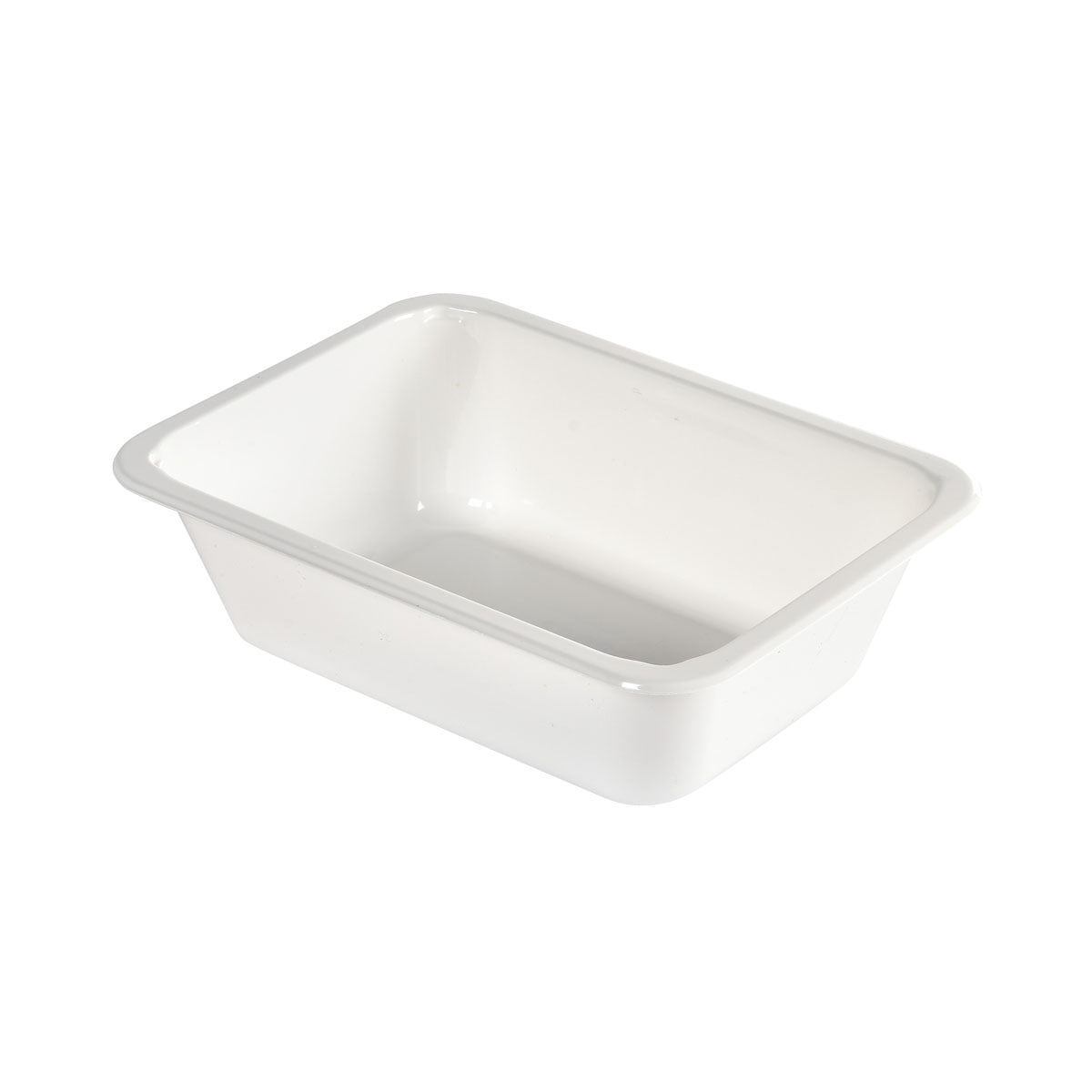 Die CPET Take-Away klein Weiß CPET von Duni GmbH ist eine weiße, rechteckige Emaille-Schale mit abgerundeten Ecken und abgeschrägten Seiten, die sich perfekt als mikrowellengeeigneter oder hitzebeständiger Take-Away-Behälter eignet, abgebildet auf weißem Hintergrund.