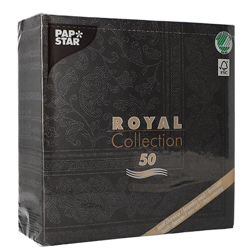 Eine schwarze Verpackung von PAPSTAR GmbH 50 Servietten "ROYAL Collection" 1/4-Falz, 40 x 40 cm, schwarz, mit dekorativen Mustern und umweltfreundlichen Symbolen auf der Vorderseite.