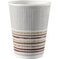 Kubek termiczny Triple Wall Stripe 350 ml od Duni GmbH wykonany z PAP/PLA jest biały z teksturowaną powierzchnią i brązowo-beżowo-czerwonymi paskami na dole. Ekologiczne opakowanie 30 sztuk zostało sfotografowane na prostym białym tle.