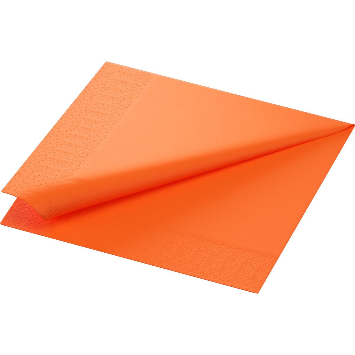 Pojedyncza serwetka firmy Duni GmbH z serii „Zellt”, o wymiarach 40 x 40 cm, trójwarstwowa, w kolorze pomarańczowym „Sonnenorange”, jest częściowo rozłożona, aby pokazać wytłoczenia na brzegach; sfotografowana na białym tle. Opakowanie zawiera 250 wysokiej jakości serwetek.