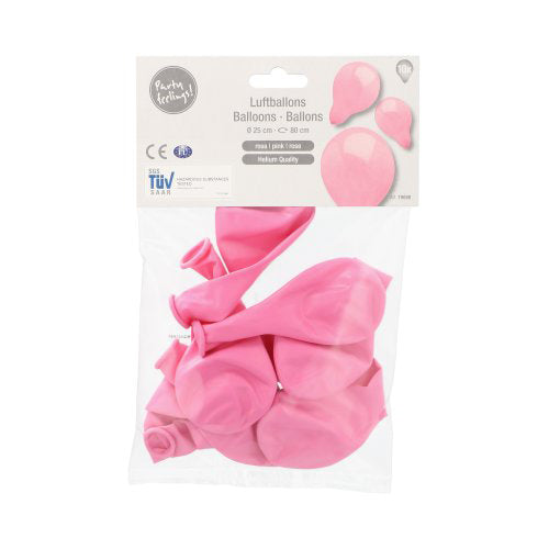Eine Klarsichtverpackung der PAPSTAR GmbH enthält 10 unaufgeblasene rosa Luftballons (Ø 25 cm) mit weißem, mehrsprachigem Etikett, das den Produktnamen und Abbildungen der aufgeblasenen Ballons zeigt – ideal zur Dekoration.