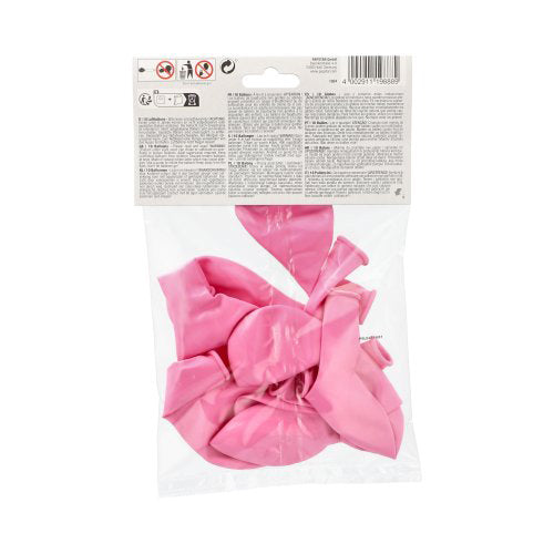 In einem transparenten Beutel befinden sich 10 entleerte rosa PAPSTAR Luftballons (Ø 25 cm, hochwertiges Latex) mit weißem Etikett und Anleitung – ideal für die Dekoration. Von der PAPSTAR GmbH.
