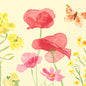 Aquarellillustration von roten und rosa Mohnblumen, gelben Wildblumen und einem Schmetterling auf einem hellbeigen Hintergrund. Serviette, 24x24 3lg 1/4 von Duni GmbH-perfekt für besondere Anlässe in einem zarten, malerischen Stil.