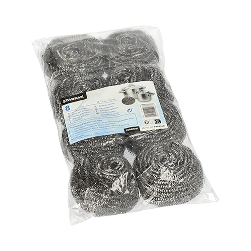 Przezroczyste plastikowe opakowanie z ośmioma Starpak Spiraltopfreinigern, stal nierdzewna Ø 7,5 cm · 6 cm, szorujący | Folia (8 sztuk), z niebiesko-białą etykietą z detalami produktu i obrazkami garnków dla efektywnego czyszczenia.