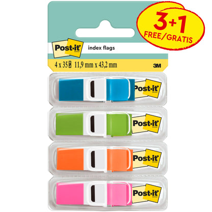 Przedstawiono cztery opakowania 3M Post-it® Index Haftstreifen, Mini (przezroczyste kolory: niebieski, zielony, pomarańczowy, różowy) z "3 dozowniki + 1 gratis" z 35 paskami samoprzylepnymi (11,9 mm x 43,2 mm) w plastikowych uchwytach.