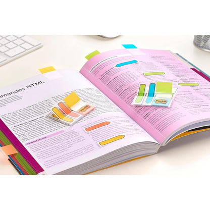 Otwarta książka z kolorowymi Post-it® Index Strong Ablagetabs, Mini (niebieskie, fioletowe, różowe i żółte) od 3M Deutschland GmbH zaznacza ważne sekcje HTML. Klawiatura i uchwyt na długopisy na białym biurku wskazują na efektywną organizację dokumentów.