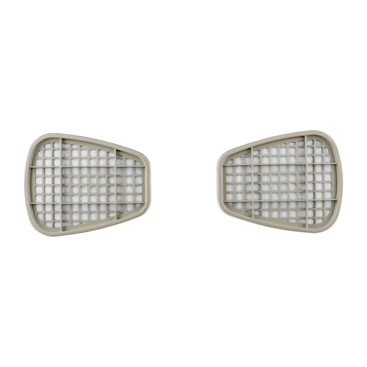 Zwei identische, beigefarbene, gitterförmige Filterabdeckungen aus Kunststoff, die mit der 3M™ Filterpatrone 6059 ABEK1-Kombinationsfilter (1 Paar/Packung) von 3M Deutschland GmbH kompatibel sind, sind nebeneinander vor einem weißen Hintergrund platziert.