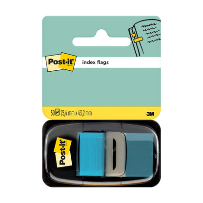 Opakowanie indeksowych pasków samoprzylepnych 3M Deutschland GmbH Post-it®, Standard (25,4 mm x 43,2 mm), zawiera 50 pasków w kolorach niebieskim, szarym i turkusowym. Na opakowaniu znajduje się logo Post-it i obrazek oznaczania stron w dokumencie.