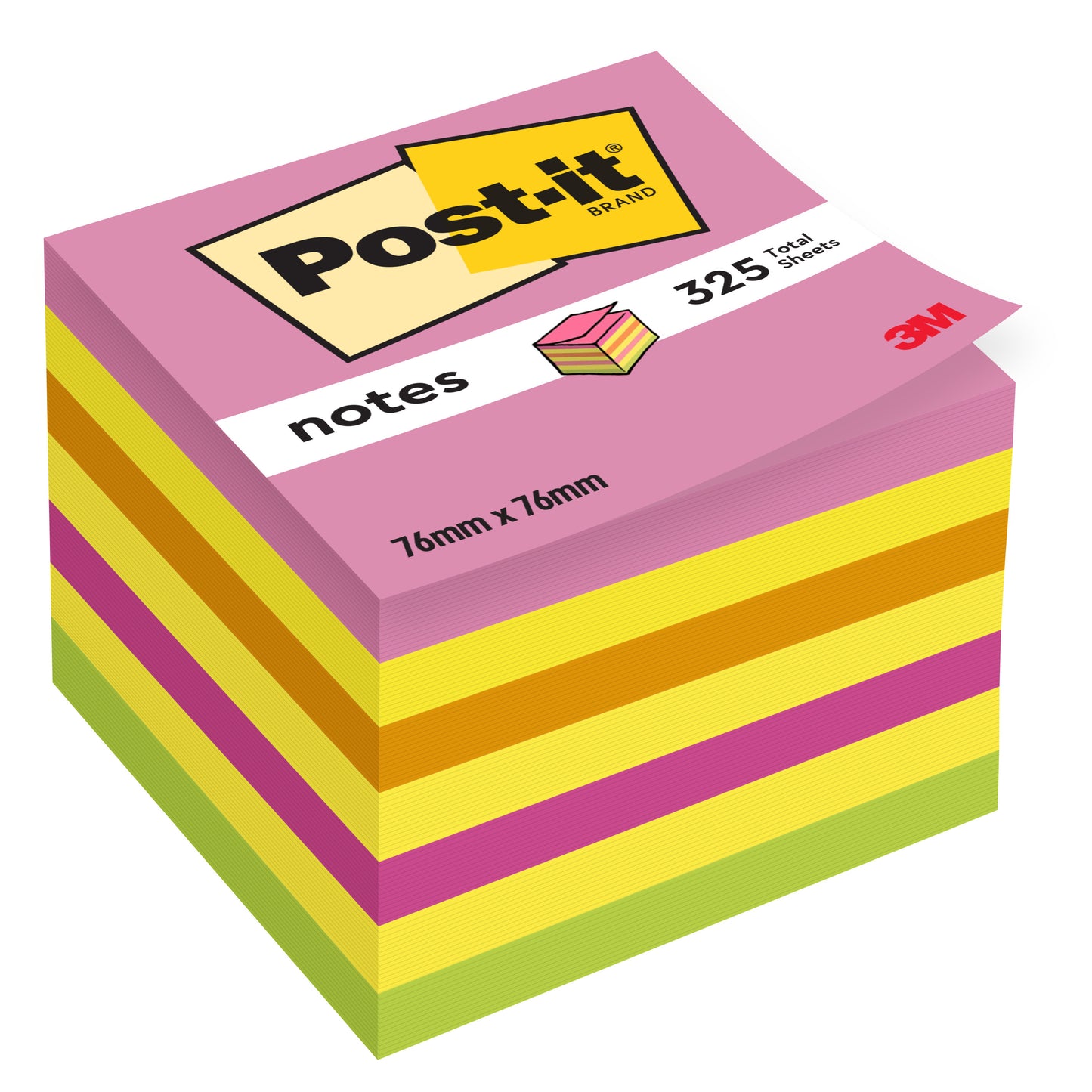 Kostka karteczek samoprzylepnych Post-it® od 3M Deutschland GmbH oferuje 325 kwadratowych karteczek w kolorze różowym i żółtym (76 x 76 mm) - idealne do biura. Certyfikowane przez PEFC, etykieta z napisem "Post-it notes" i logo 3M w rogu.