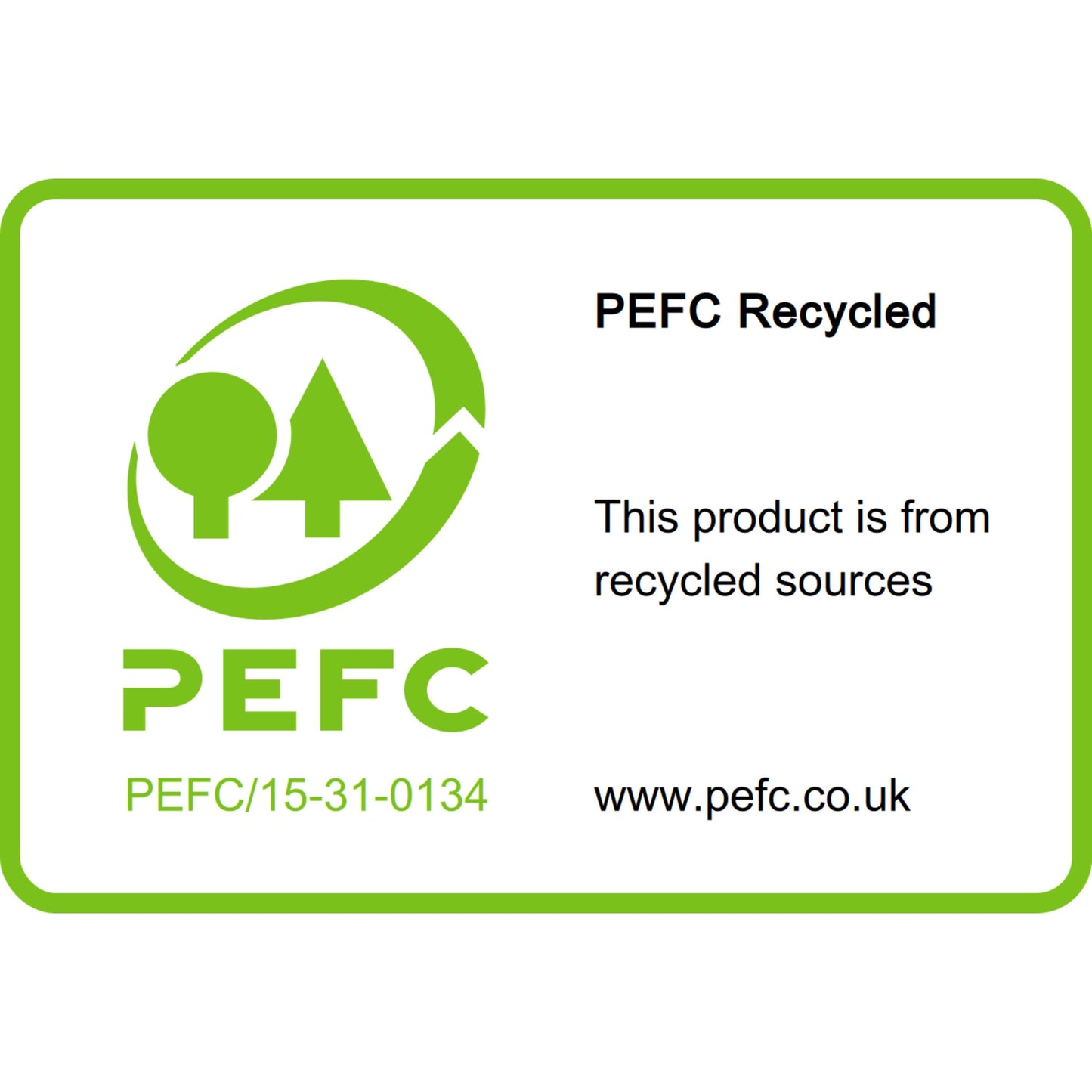 Etykieta PEFC Recycled na Post-it® Recycling Notes firmy 3M Deutschland GmbH (76x76 mm, 100 kartek, 100 % PEFC) pokazuje logo strzałki i drzewa, "PEFC Recycled", numer certyfikacji i www.pefc.co.uk jako dowód pochodzenia z recyklingu.
