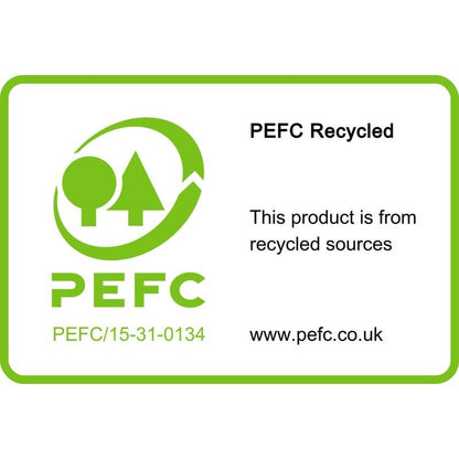 Zielono obramowana, prostokątna etykieta pokazuje logo PEFC, "PEFC Recycled", certyfikację SGSCH-PEFC-COC-110078 i potwierdza, że Post-it® Recycling Z-Notes Żółte 3M, które są w 100% certyfikowane przez PEFC, są wykonane z materiału z recyklingu (www.pefc.co.uk).