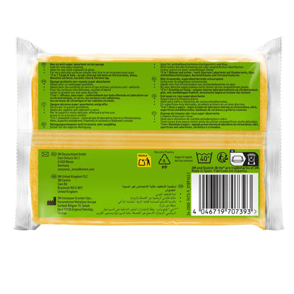 Abgebildet ist ein verpackter Scotch-Brite® Delicate nicht kratzender Naturfaser-Reinigungsschwamm (2 Stück, 3M Deutschland GmbH) von hinten mit grün/schwarzer Info, Anwendungshinweisen, Recycling-Symbolen, Barcode und mehrsprachigem Text - ideal für empfindliche Oberflächen.