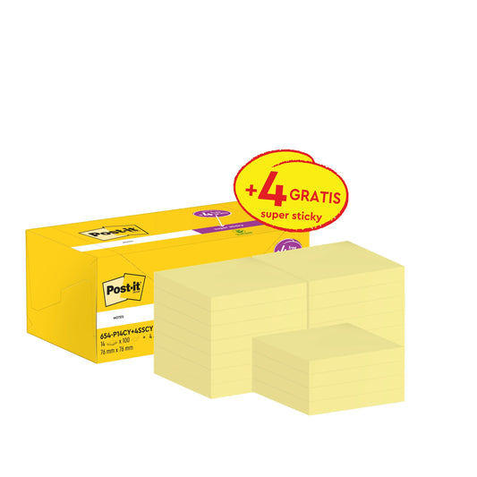 Eine gelbe 3M Post-it® Notes Box (76x76 mm) mit mehreren gelben Notizblöcken auf der Vorderseite; die Packung enthält 14 Blöcke mit 100 Blatt und 4 zusätzliche Super Sticky Notes Blöcke (je 90 Blatt), die mit einem "+4 gratis"-Etikett gekennzeichnet sind.