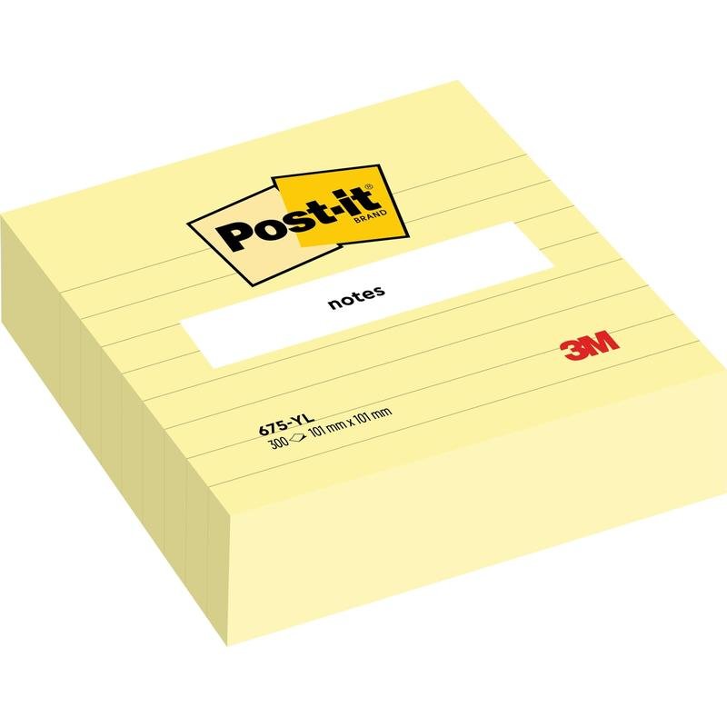 Stos żółtych karteczek Post-it® Notes w dużym formacie (101 mm x 101 mm, 300 arkuszy) od 3M Deutschland GmbH z białą etykietą "notes" i czerwonym logo 3M - idealne do zorganizowanych, obszernych notatek.