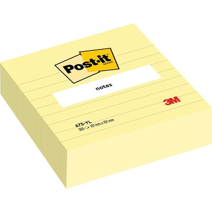 Stos żółtych karteczek Post-it® Notes w dużym formacie (101 mm x 101 mm, 300 arkuszy) od 3M Deutschland GmbH z białą etykietą "notes" i czerwonym logo 3M - idealne do zorganizowanych, obszernych notatek.