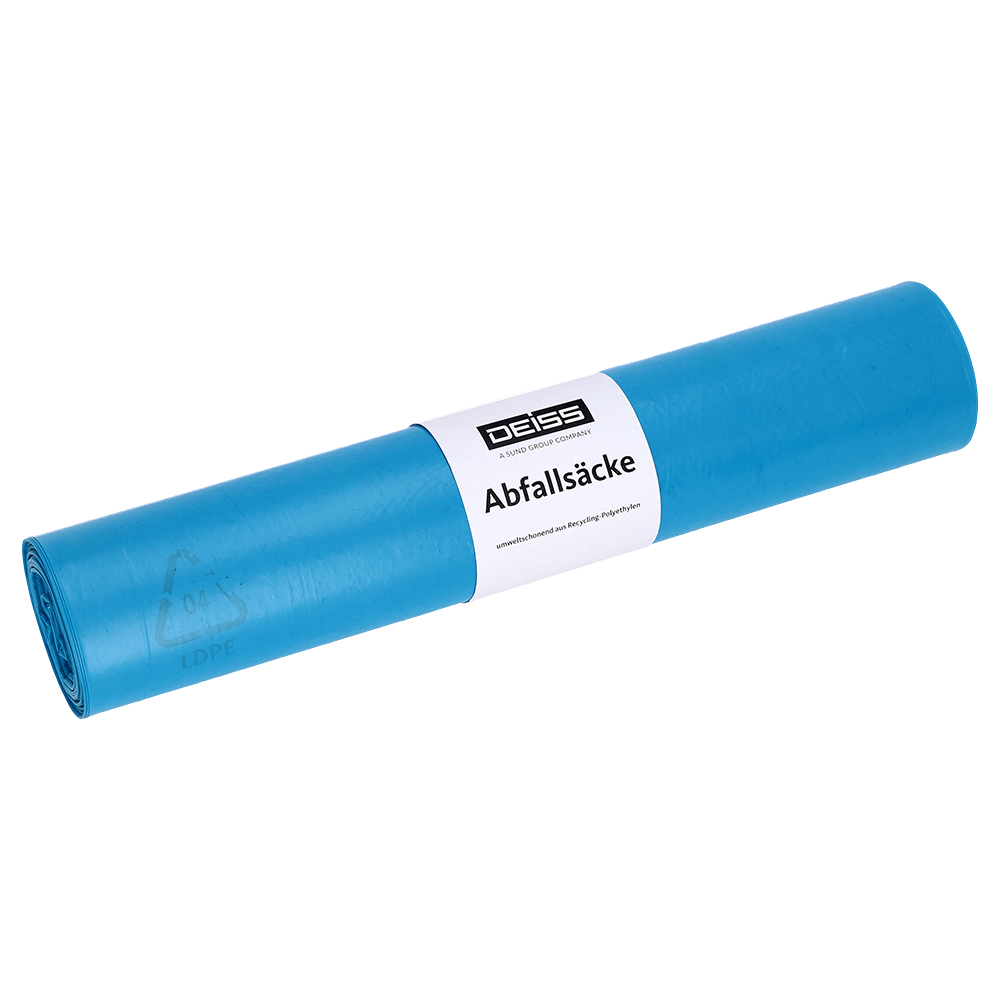 Eine Rolle DEISS Abfallsäcke aus Recycling-LDPE 120 (15 Stück) der EMIL DEISS KG (GmbH + Co.), beschriftet mit "Abfallsäcke" und "DEISS", liegt auf einer schlichten weißen Fläche. Die blauen 120L-Recycling-LDPE-Säcke sind mit einem weißen Etikett versehen und werden sauber verpackt.