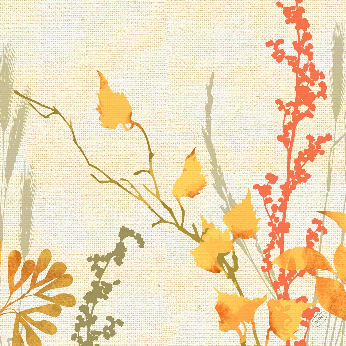 Serwetki 40x40 4-warstwowe Klassik Fall Beauty od Duni GmbH prezentują akwarelowy botaniczny wzór z żółtymi, czerwonymi i zielonymi liśćmi na teksturowanym beżowym tle, co nadaje elegancki wygląd. Każde opakowanie zawiera 50 wysokiej jakości serwetek.