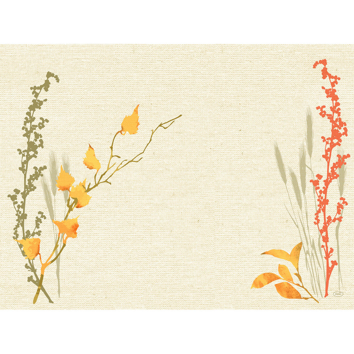 Ein beige strukturierter Hintergrund mit einfacher botanischer Kunst - gelbe und grüne Stängel links, rote Stängel rechts - lässt die Mitte leer. Ideales Motiv für Dunicel-Sets 30x40 der Duni GmbH.