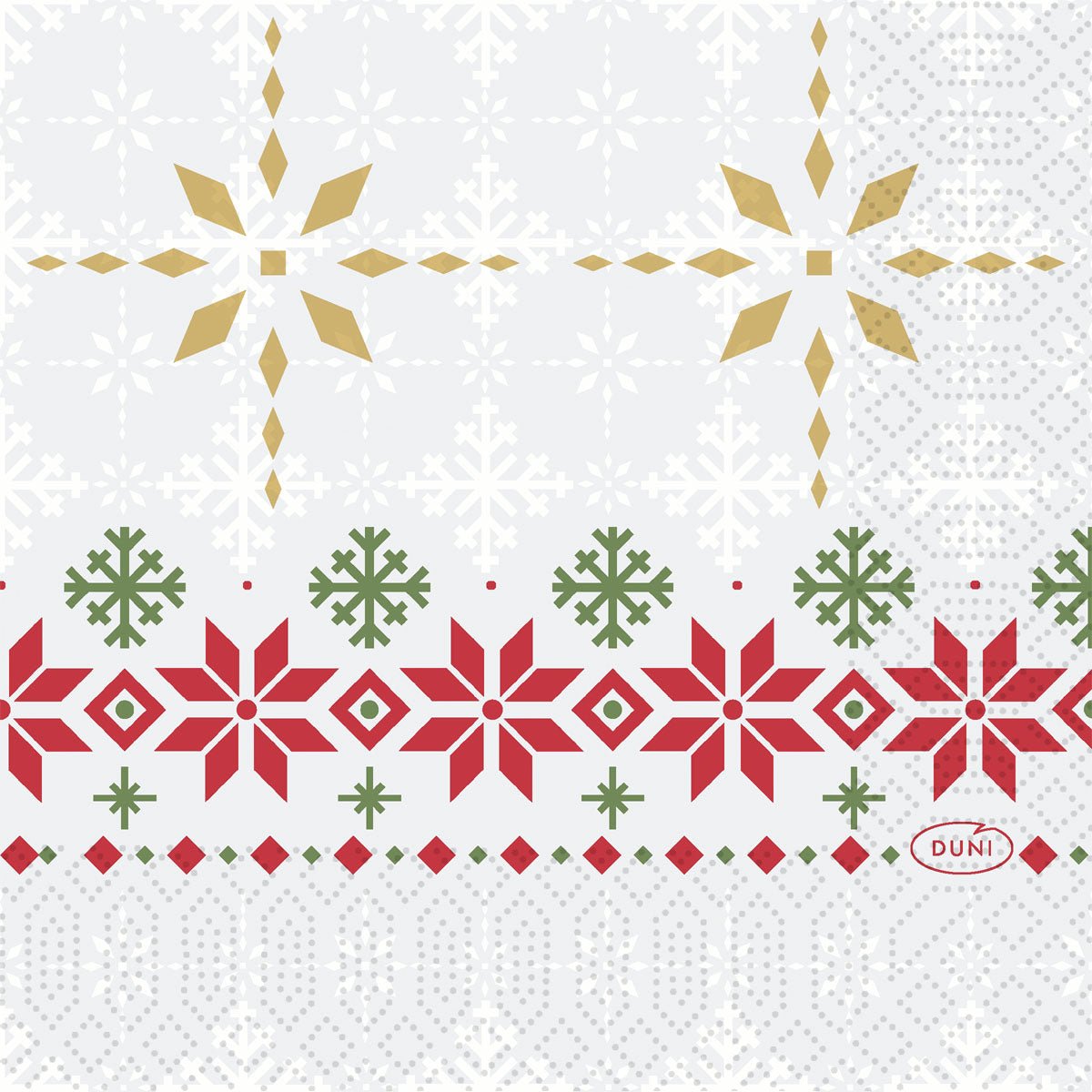 Serwetki Duni GmbH 24x24 3-warstwowe Tradition pokazują złote i białe płatki śniegu na jasnym tle, otoczone czerwonymi i zielonymi geometrycznymi akcentami, z logo Duni w prawym dolnym rogu. Opakowanie: 50 sztuk.