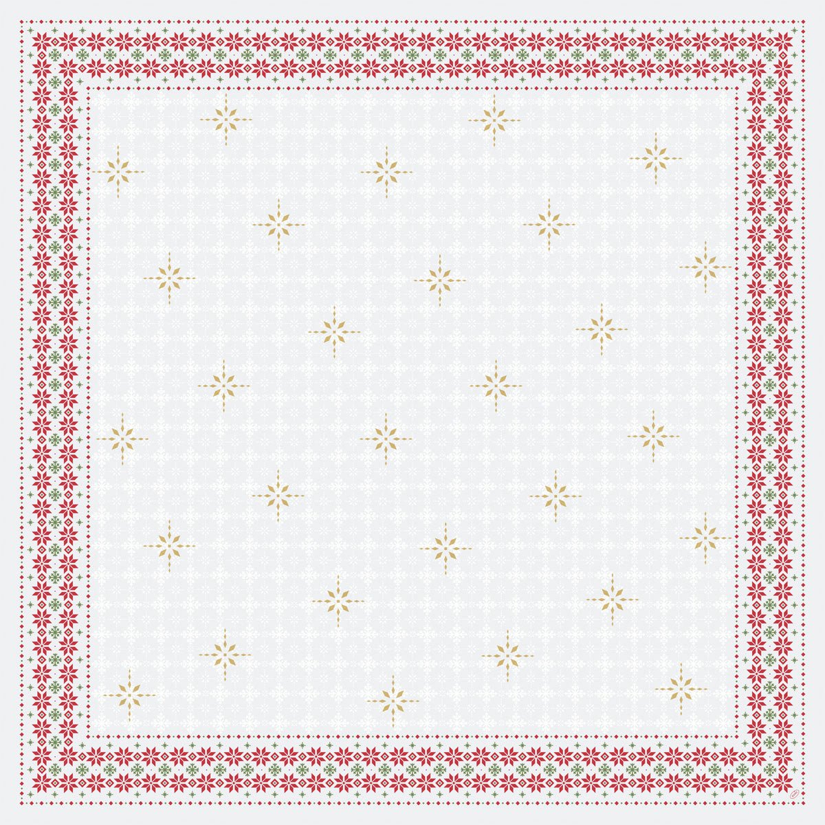 Obrus Dunicel 84x84cm Tradition firmy Duni GmbH ma białe tło ze złotymi gwiazdkami i czerwonymi kwiatowymi obwódkami - idealny, dekoracyjny wybór na uroczyste okazje. Opakowanie zawiera 20 sztuk.