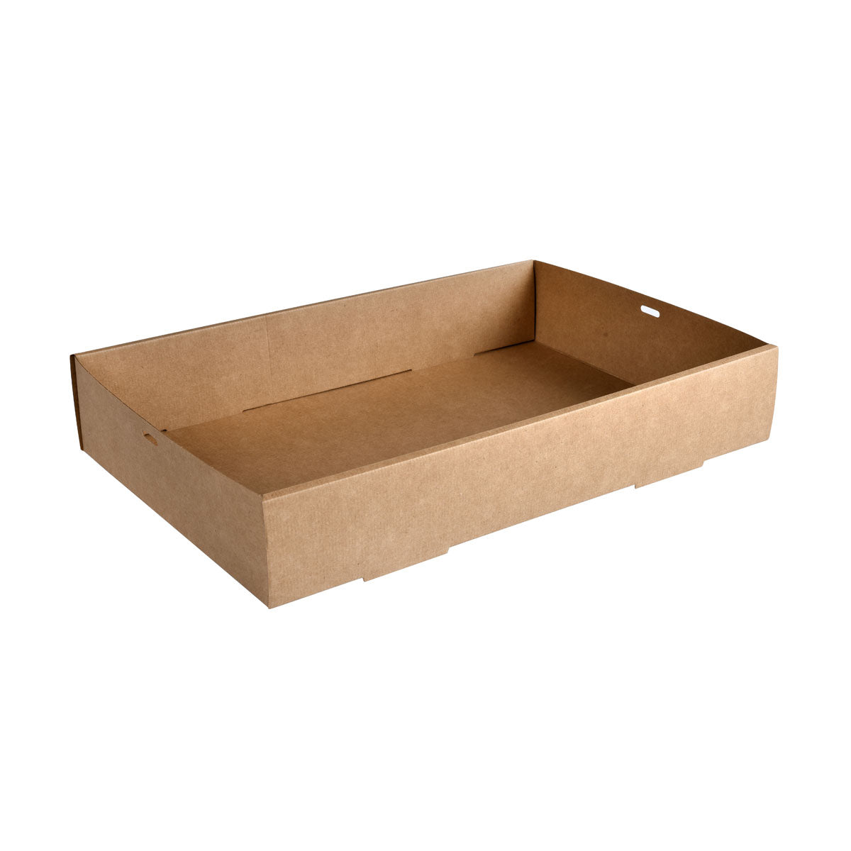 Duża, brązowa taca cateringowa z kartonu/PLA (450x310 mm) firmy Duni GmbH, opakowanie 50 sztuk - przyjazna dla środowiska, biodegradowalna, z niskimi bokami i wycięciem na uchwyt z jednej strony.