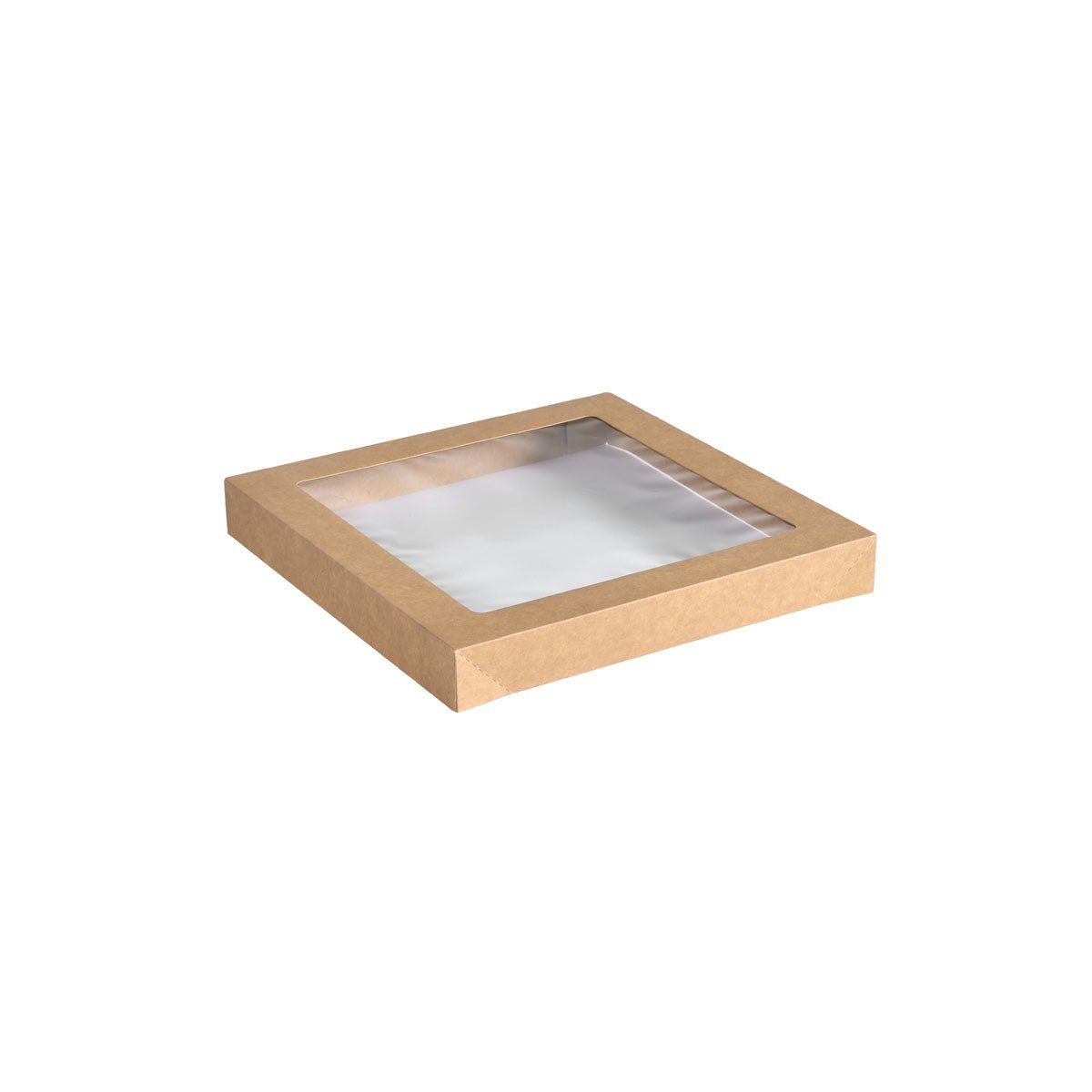 Pokrywka cateringowa Duni GmbH z tektury/PLA w małym brązie (229x228 mm) to kwadratowa, płaska pokrywka kartonowa z przezroczystym, biodegradowalnym okienkiem PLA, przedstawiona na białym tle. Opakowanie zawiera 100 sztuk.