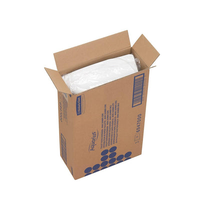 Otwarta brązowa skrzynka z napisem "Aquarius™ Toilet Tissue Spender" od Kimberly-Clark GmbH zawiera biały podajnik podwójnych rolek Jumbo Mini. Na boku pudełka nadrukowane są niebieskie kropki i informacje o produkcie.