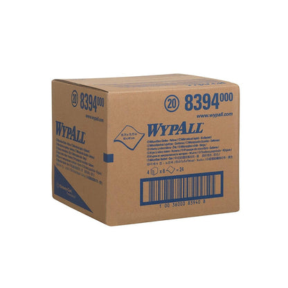 Brązowy karton z napisem "WypAll", niebieskim napisem i numerem 8394 zawiera ściereczki z mikrofibry WypAll® - płaskie ściereczki / 40 x 40 cm od Kimberly-Clark GmbH. Zamknięty karton pokazuje na bokach informacje o produkcie, kod kreskowy i wymiary.