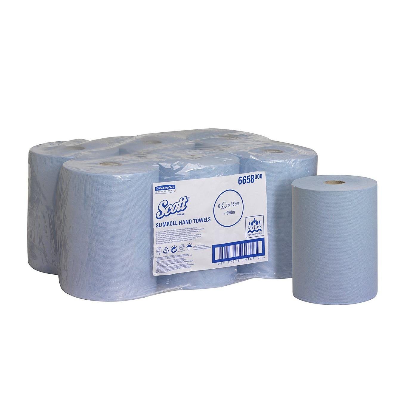 Sześciopak ręczników Scott® Slimroll™ od Kimberly-Clark GmbH, każdy o długości 165 m, jest owinięty w plastik obok pojedynczej, rozpakowanej niebieskiej rolki i oferuje oszczędzające miejsce, wydajne i chłonne rozwiązanie ręcznikowe.