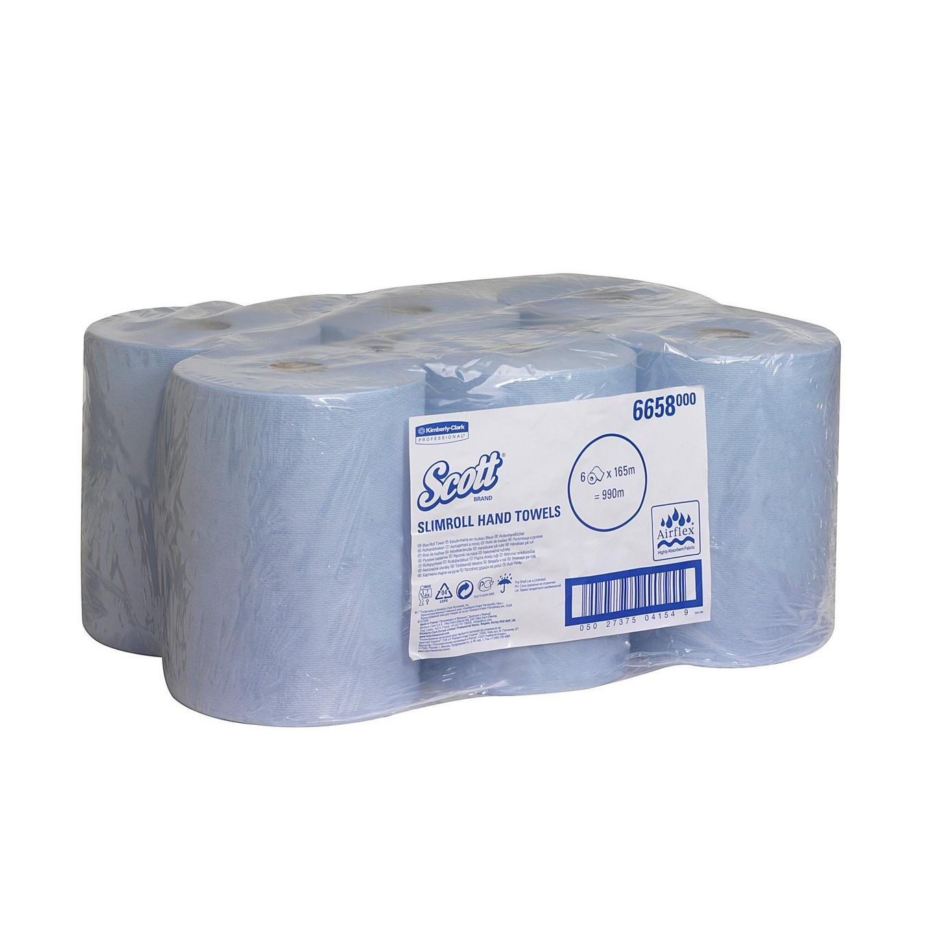Opakowanie z sześcioma ręcznikami Scott® Slimroll™ od Kimberly-Clark GmbH, oszczędzające miejsce niebieskie rolki w przezroczystej plastikowej osłonie z widoczną etykietą produktu i kodem kreskowym z przodu.