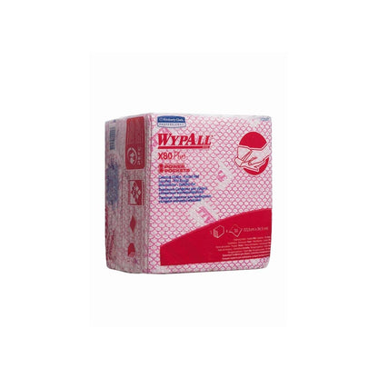 Czerwone opakowanie Kimberly-Clark GmbH WypAll® X80 Plus Critical Clean, ćwiartkowo składane chusteczki (8 torebek x 30 arkuszy), do krytycznych zadań czyszczących, z widocznym brandingiem produktu i opisem z przodu i z tyłu.