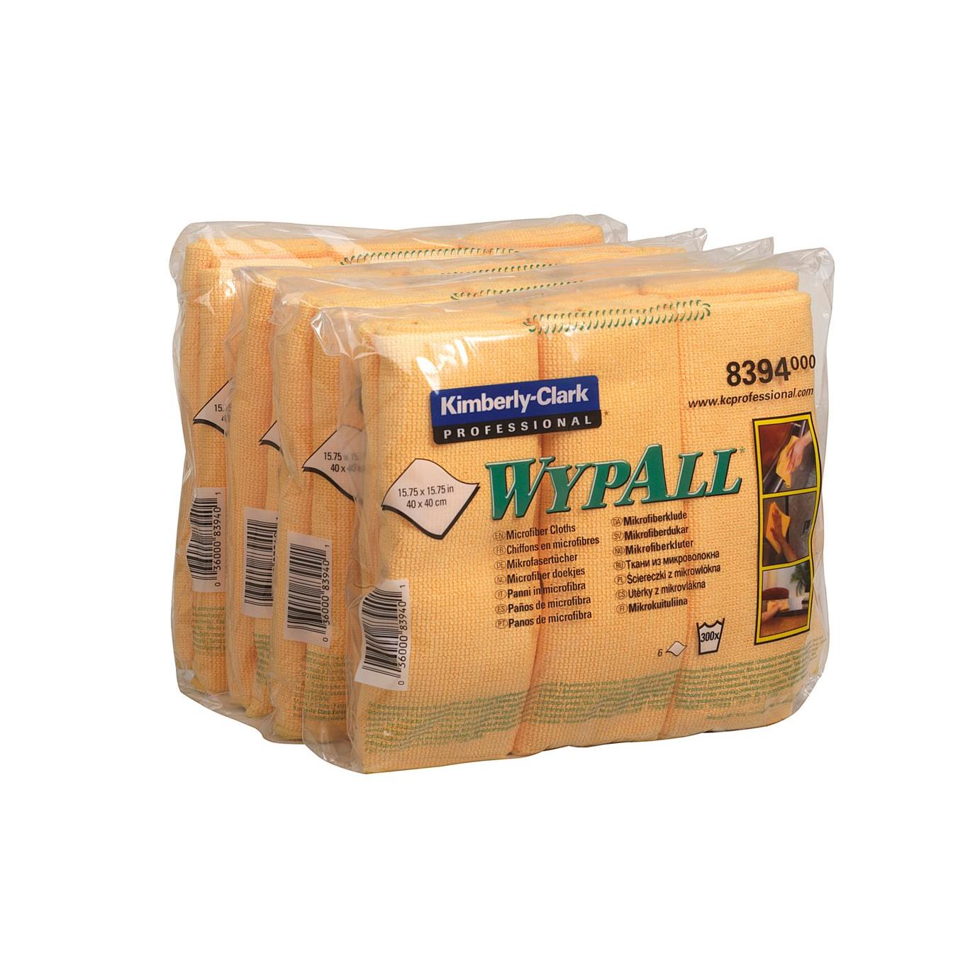 Przedstawiono opakowanie ściereczek z mikrofibry WypAll® - płaskie ściereczki (40 x 40 cm) od Kimberly-Clark GmbH zapakowane w plastik, z trzema żółtymi opakowaniami materiałowymi, na których przedniej stronie znajdują się widoczne informacje o produkcie i wskazówki.