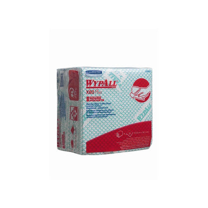 Opakowanie WypAll® X80 Plus Critical Clean złożone na cztery części w kolorze zielonym firmy Kimberly-Clark GmbH jest przedstawione w pozycji pionowej. Składa się z przeważnie białego opakowania z czerwonymi i niebieskimi grafikami, w tym z ilustracją rąk czyszczących powierzchnię.