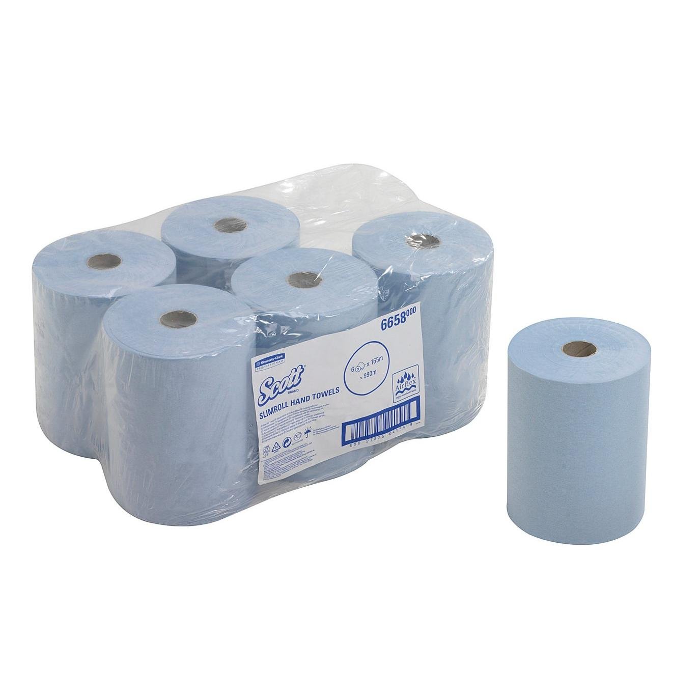 Przedstawiono opakowanie z sześcioma niebieskimi ręcznikami Scott® Slimroll™ od Kimberly-Clark GmbH, zapakowane w plastik, z dodatkową rolką po prawej stronie. Etykieta zawiera informacje o produkcie dotyczącym tego oszczędzającego miejsce rozwiązania ręcznikowego.