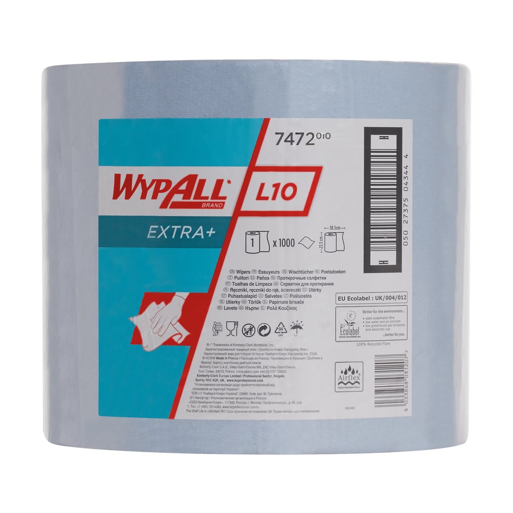 Duża rolka ściereczek WypAll® L10 EXTRA+ (38,00 cm x 23,50 cm) od Kimberly-Clark GmbH, z etykietą w kilku językach zawierającą informacje o produkcie, markę i ilustracje do czyszczenia powierzchni.