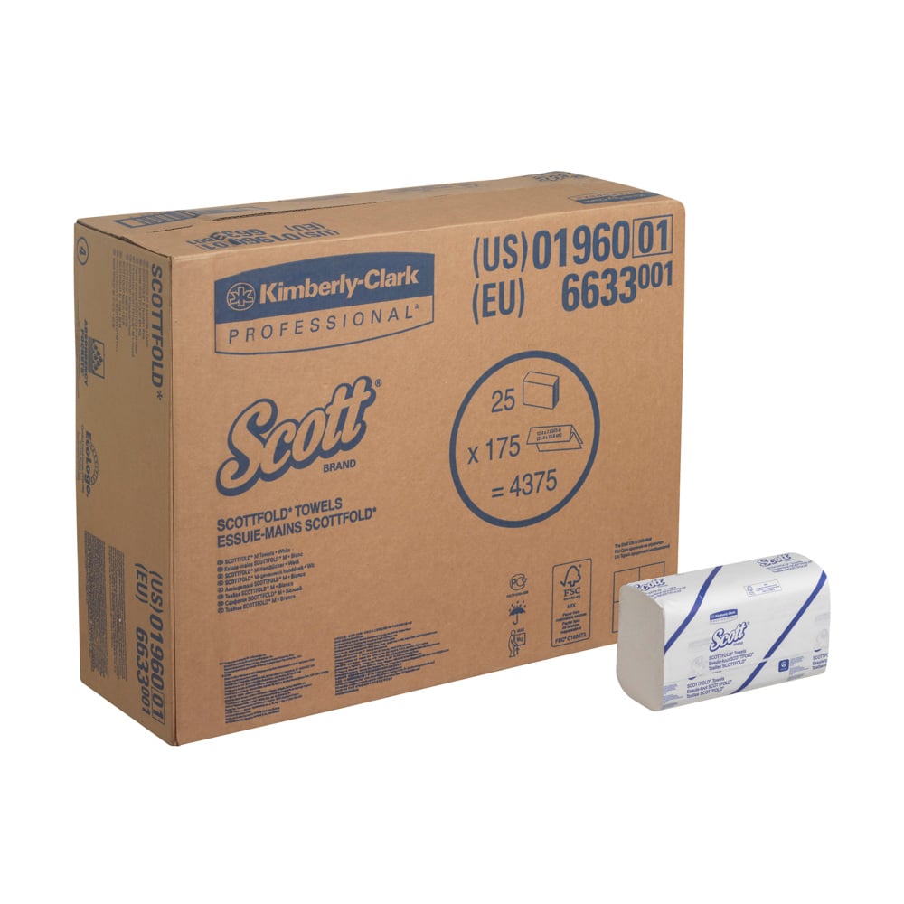 Duże białe pudełko z napisem "Scott® SCOTTFOLD* Ręczniki" od Kimberly-Clark GmbH zawiera 25 klipsów x 175 arkuszy (25 paczek) składanych ręczników do higienicznego suszenia rąk, na których szczegóły produktu są wyraźnie widoczne.