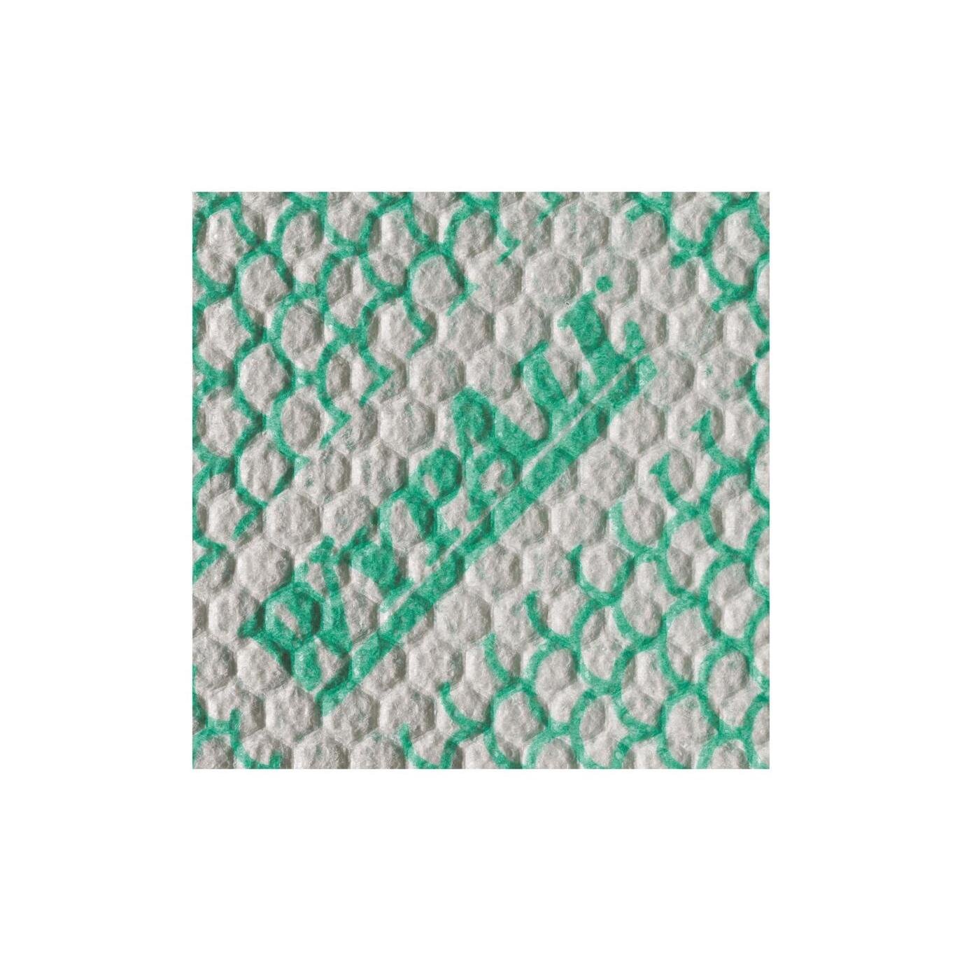 Zbliżenie na białą, strukturalną ściereczkę WypAll® X80 Plus Critical Clean firmy Kimberly-Clark GmbH z zielonym wzorem i częściowym brandingiem, podobną do ściereczki do krytycznych środowisk.
