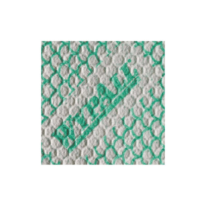 Zbliżenie na białą, strukturalną ściereczkę WypAll® X80 Plus Critical Clean firmy Kimberly-Clark GmbH z zielonym wzorem i częściowym brandingiem, podobną do ściereczki do krytycznych środowisk.