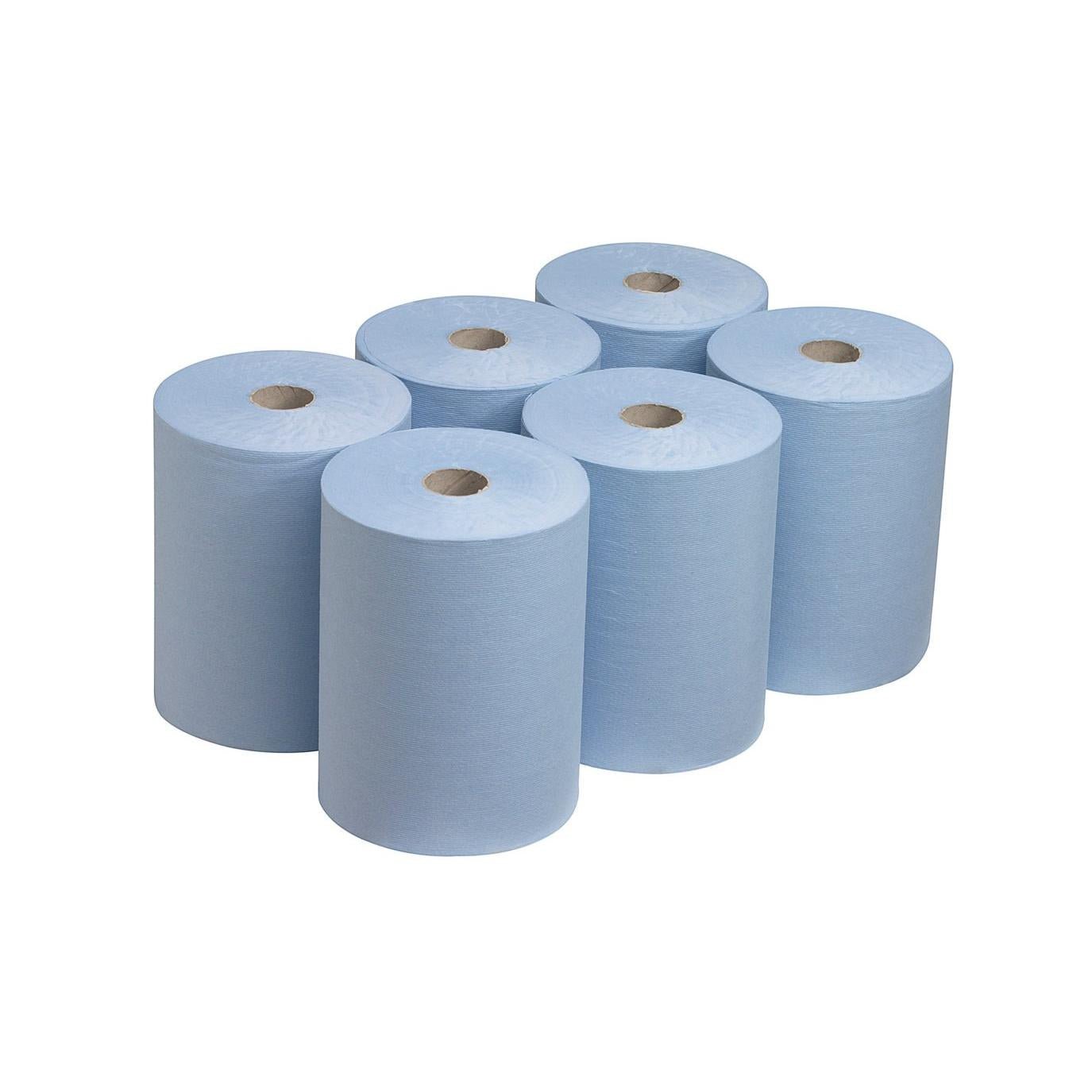 Sześć ręczników Scott® Slimroll™ od Kimberly-Clark GmbH jest ułożonych w dwóch rzędach na białym tle. Każda rolka ma widoczny kartonowy rdzeń i oferuje oszczędzające miejsce rozwiązanie do użytku przemysłowego.