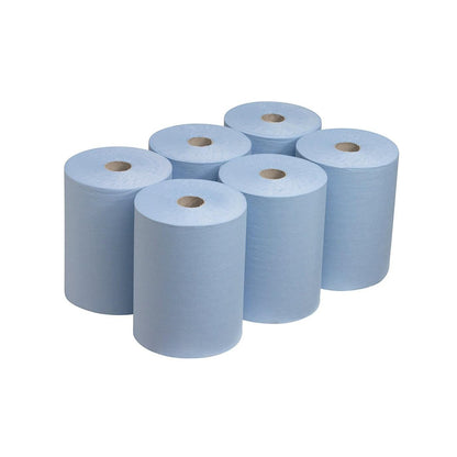 Sześć ręczników Scott® Slimroll™ od Kimberly-Clark GmbH jest ułożonych w dwóch rzędach na białym tle. Każda rolka ma widoczny kartonowy rdzeń i oferuje oszczędzające miejsce rozwiązanie do użytku przemysłowego.