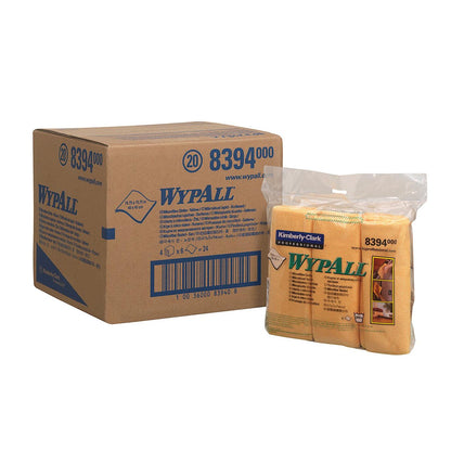 Karton z ściereczkami z mikrofibry WypAll® - płaskie ściereczki (40 x 40 cm) od Kimberly-Clark GmbH stoi obok przezroczystego opakowania z złożonymi żółtymi ściereczkami do czyszczenia z mikrofibry, oba z numerami produktów i znakami towarowymi.