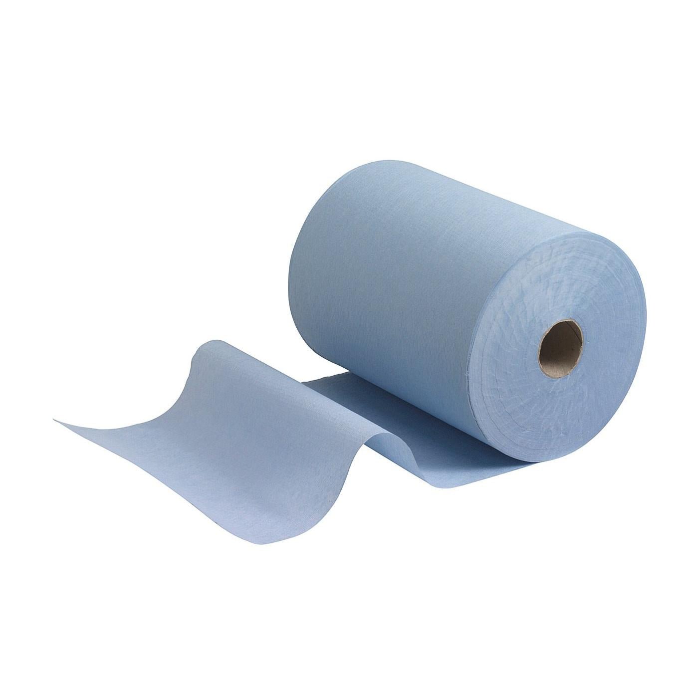 Ręczniki Scott® Slimroll™ od Kimberly-Clark GmbH - niebieska rolka ręcznika papierowego z rozwiniętym arkuszem na białym tle - idealnie nadają się jako oszczędzające miejsce rozwiązanie do wydawania chłonnych ręczników papierowych w miejscach o dużym natężeniu ruchu.