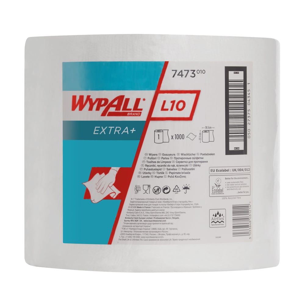 Duża biała rolka ściereczek WypAll® L10 EXTRA+ (38,00 cm x 23,50 cm) od Kimberly-Clark GmbH z niebiesko-białą etykietą, diagramem zastosowania do czyszczenia powierzchni i kodami kreskowymi.