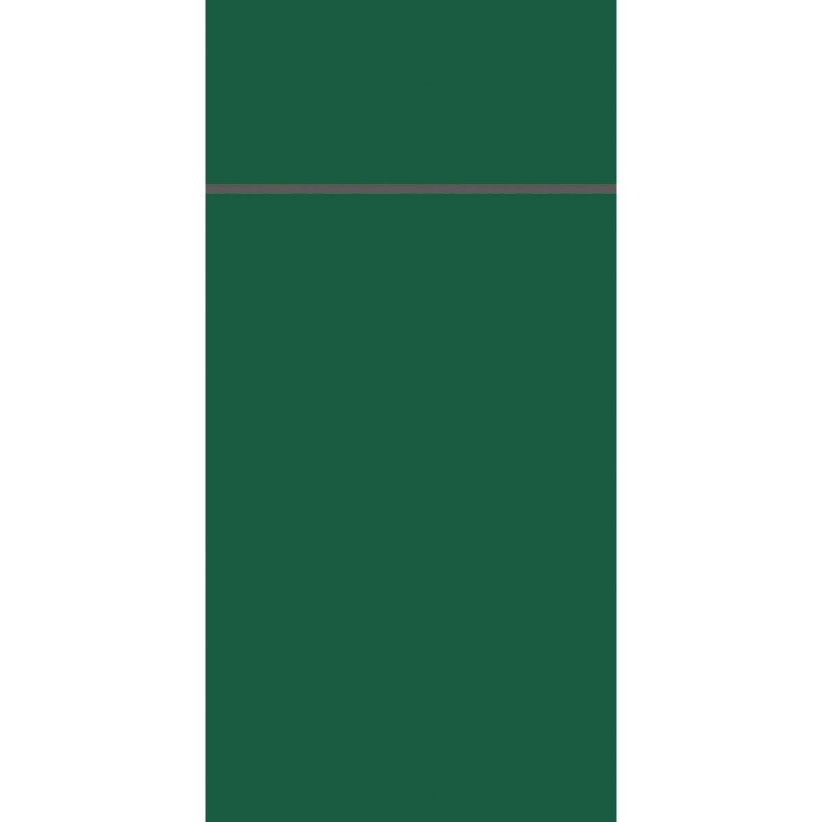 Jednokolorowy, ciemnozielony prostokąt wypełnia większą część obrazu, otoczony białymi bokami i zwieńczony cienką szarą linią - wskazówka na elegancję i zrównoważoność dekoracji stołu Bio Duniletto Slim 400 x 330 mm firmy Duni GmbH.