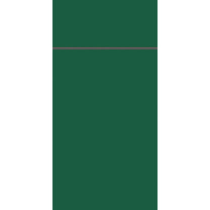 Jednokolorowy, ciemnozielony prostokąt wypełnia większą część obrazu, otoczony białymi bokami i zwieńczony cienką szarą linią - wskazówka na elegancję i zrównoważoność dekoracji stołu Bio Duniletto Slim 400 x 330 mm firmy Duni GmbH.